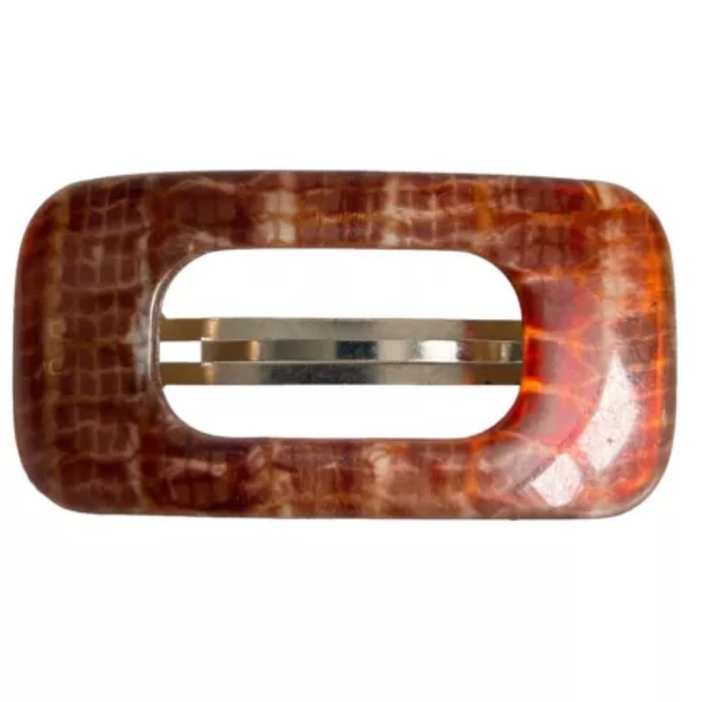 Vintage Made In France Hair Clip Barrette Rectangular Open Cut Out Brown…